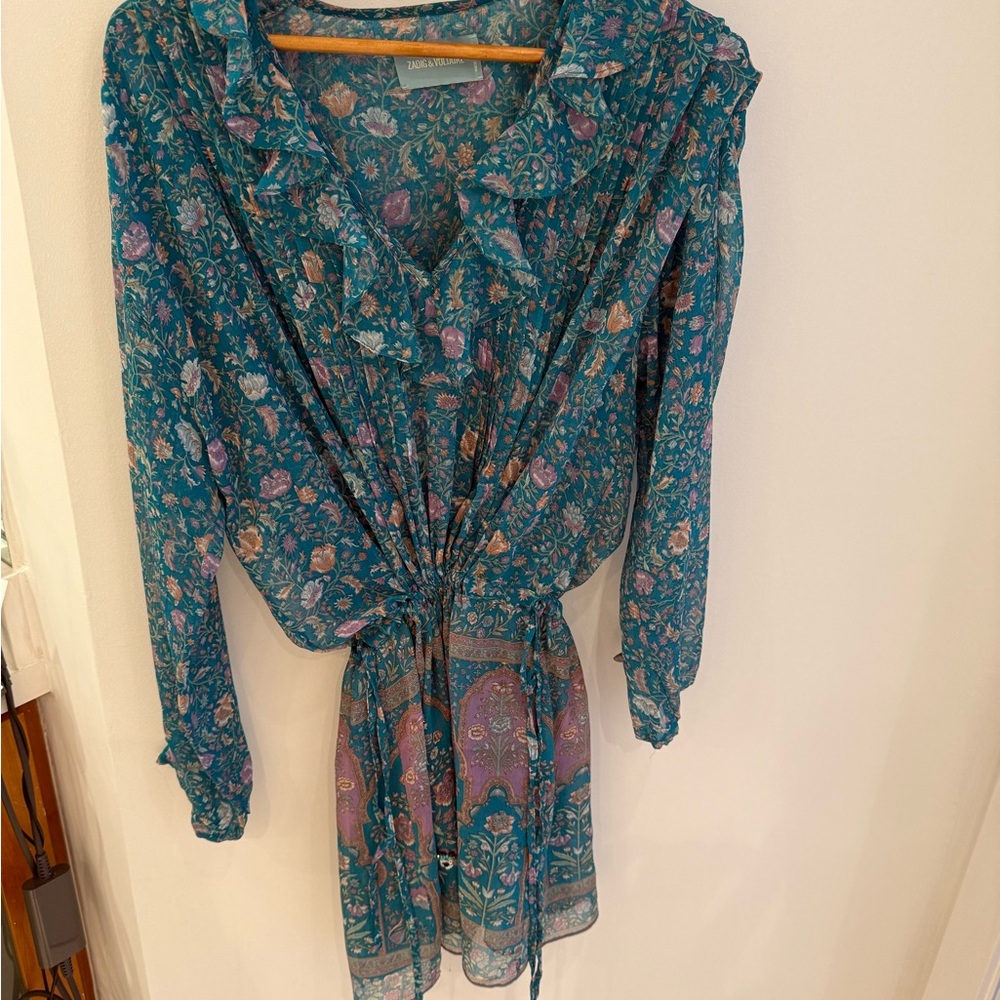 Zadig & Voltaire Floral Long Sleeve Dress - Teal and Purple